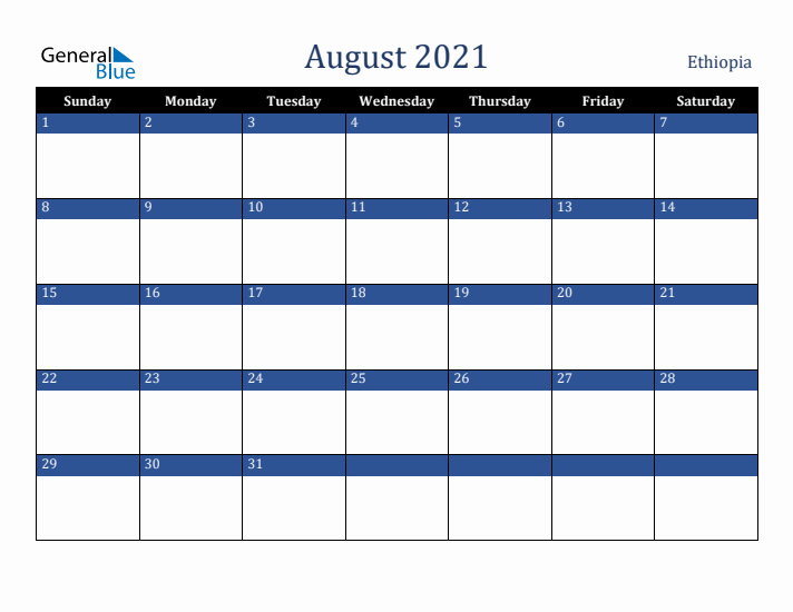 August 2021 Ethiopia Calendar (Sunday Start)