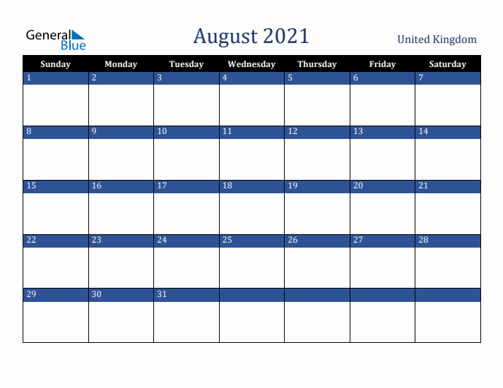 August 2021 United Kingdom Calendar (Sunday Start)