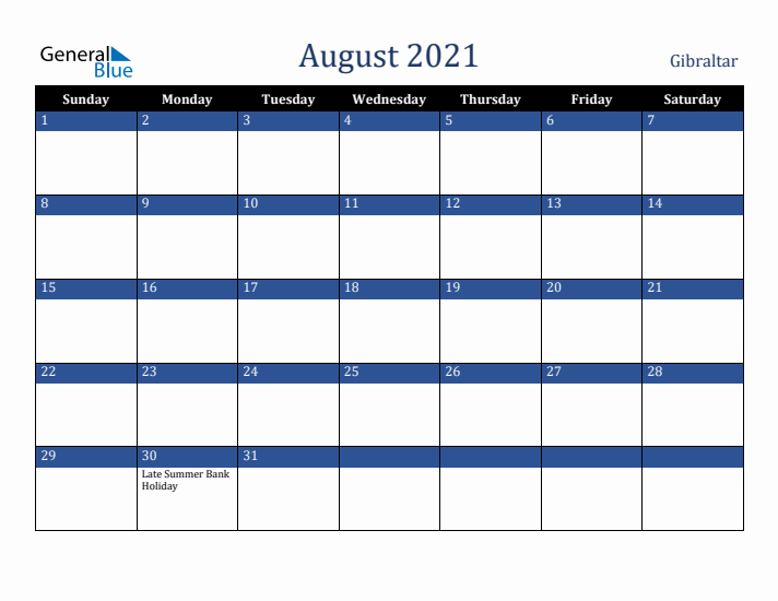 August 2021 Gibraltar Calendar (Sunday Start)