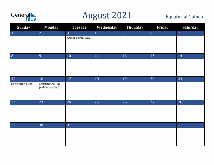 August 2021 Equatorial Guinea Calendar (Sunday Start)