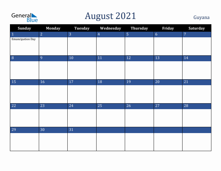 August 2021 Guyana Calendar (Sunday Start)
