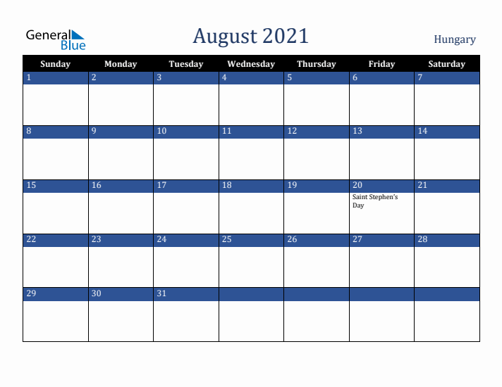 August 2021 Hungary Calendar (Sunday Start)