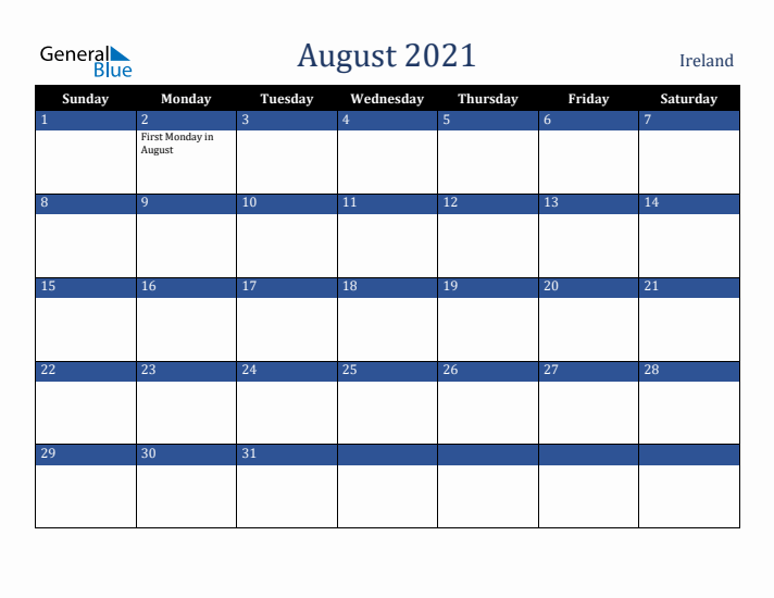 August 2021 Ireland Calendar (Sunday Start)