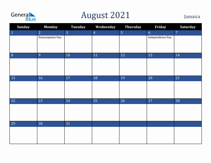 August 2021 Jamaica Calendar (Sunday Start)