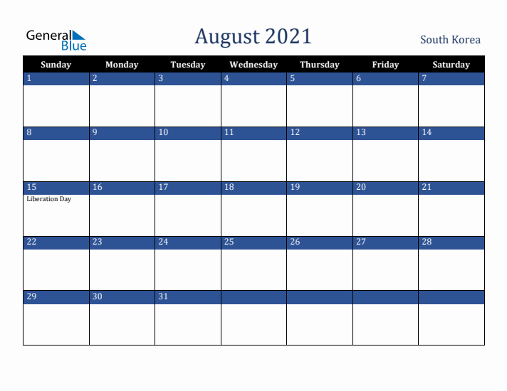 August 2021 South Korea Calendar (Sunday Start)