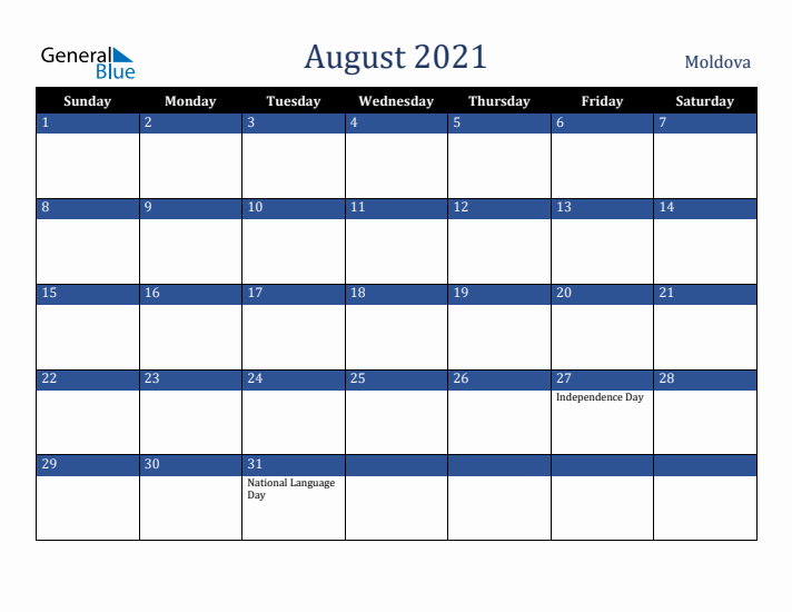 August 2021 Moldova Calendar (Sunday Start)