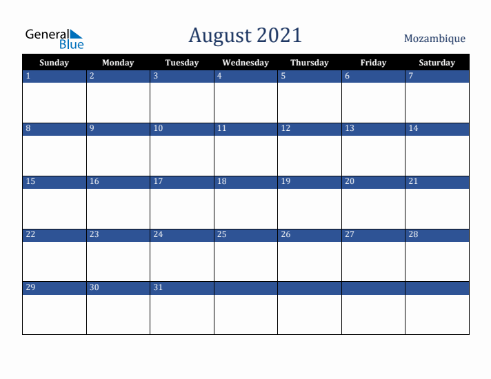 August 2021 Mozambique Calendar (Sunday Start)