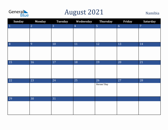 August 2021 Namibia Calendar (Sunday Start)