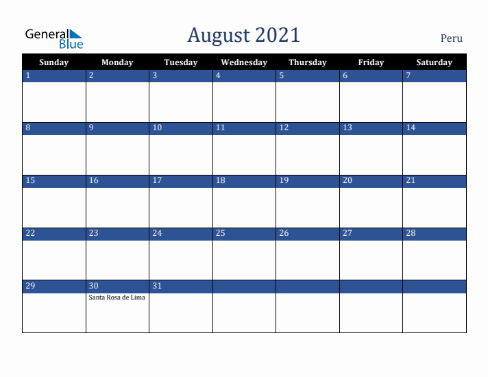 August 2021 Peru Calendar (Sunday Start)