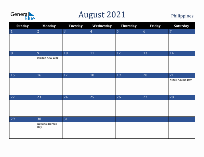 August 2021 Philippines Calendar (Sunday Start)