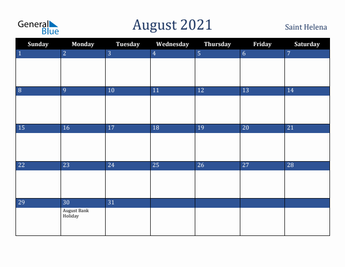 August 2021 Saint Helena Calendar (Sunday Start)