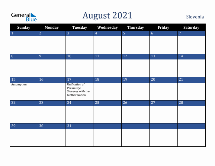August 2021 Slovenia Calendar (Sunday Start)