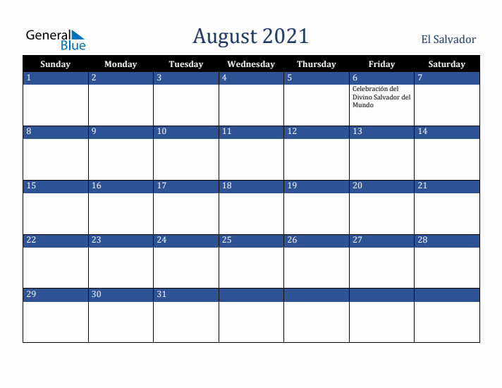 August 2021 El Salvador Calendar (Sunday Start)