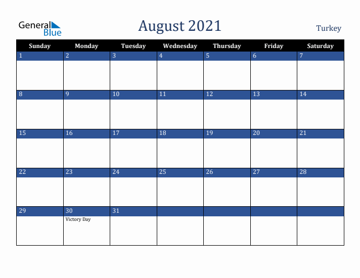 August 2021 Turkey Calendar (Sunday Start)