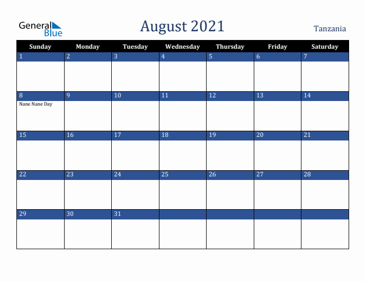 August 2021 Tanzania Calendar (Sunday Start)