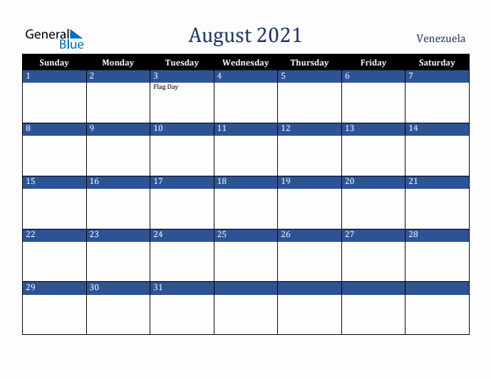 August 2021 Venezuela Calendar (Sunday Start)