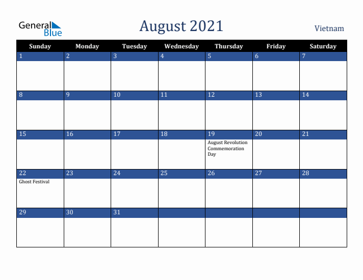 August 2021 Vietnam Calendar (Sunday Start)