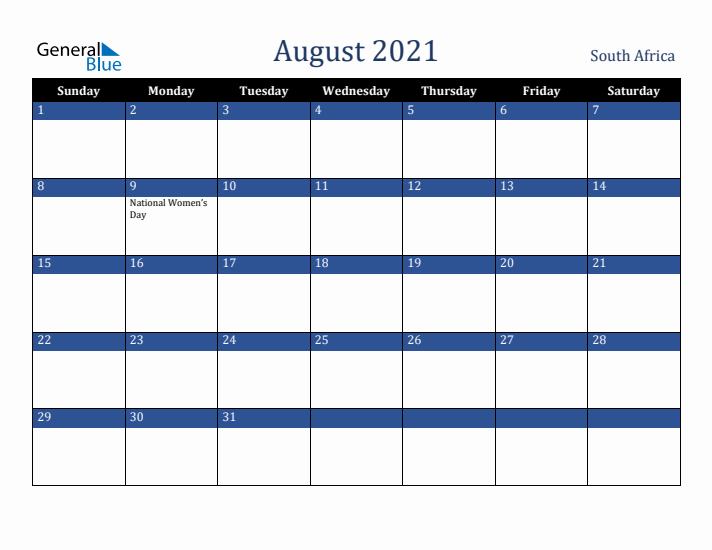 August 2021 South Africa Calendar (Sunday Start)