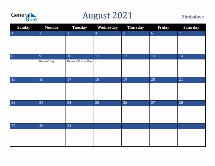August 2021 Zimbabwe Calendar (Sunday Start)