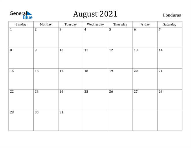 August 2021 Calendar - Honduras