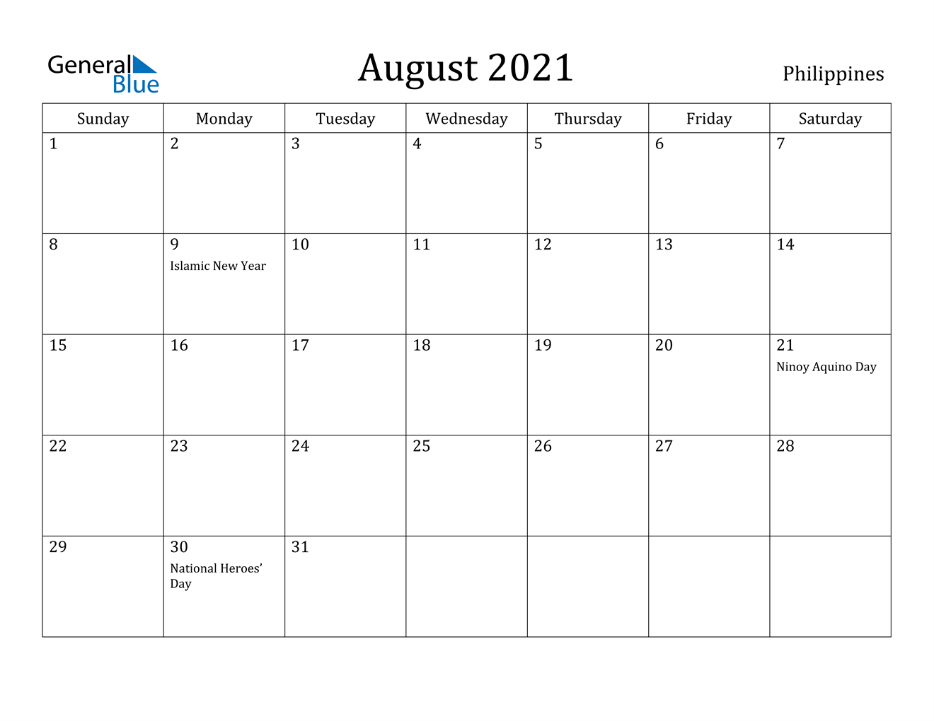 August 2021 Calendar - Philippines