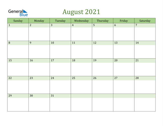  August Calendar 2021