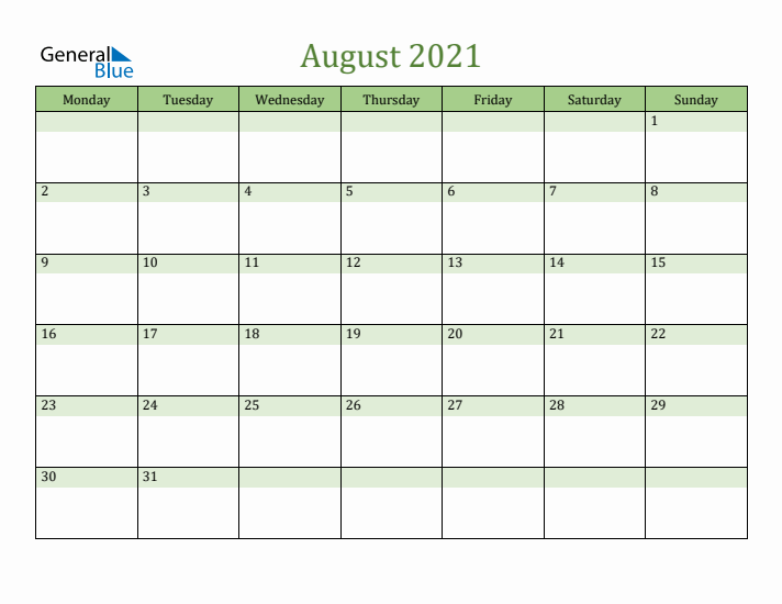 August 2021 Calendar with Monday Start