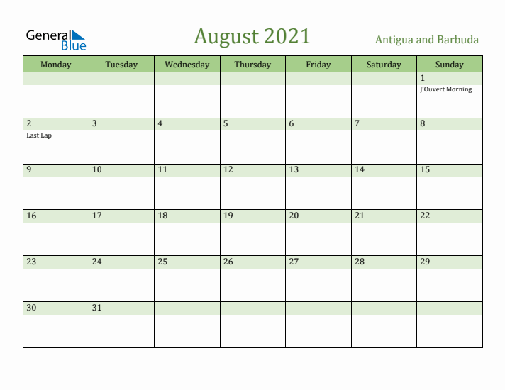 August 2021 Calendar with Antigua and Barbuda Holidays