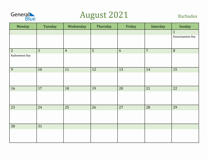 August 2021 Calendar with Barbados Holidays