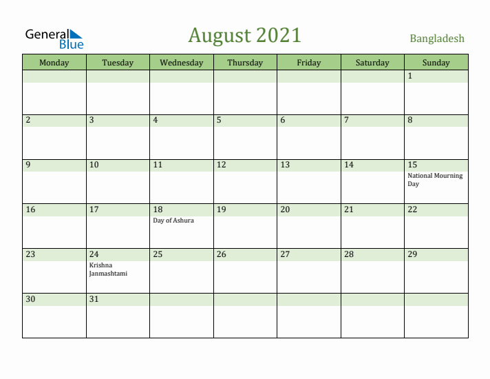 August 2021 Calendar with Bangladesh Holidays