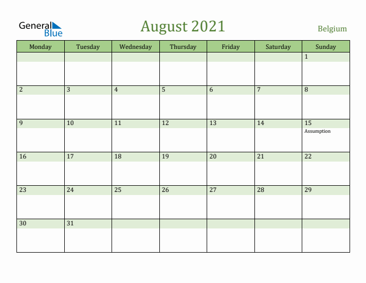 August 2021 Calendar with Belgium Holidays