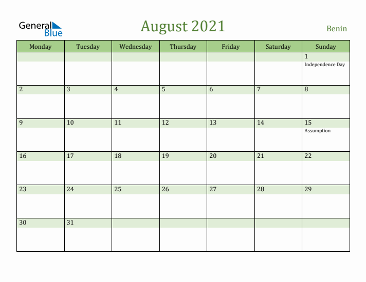 August 2021 Calendar with Benin Holidays