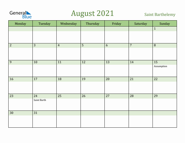 August 2021 Calendar with Saint Barthelemy Holidays