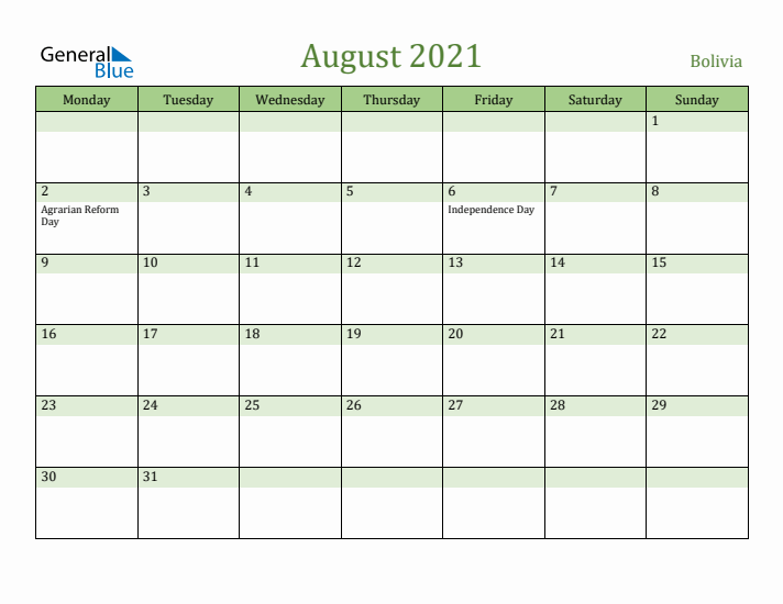 August 2021 Calendar with Bolivia Holidays