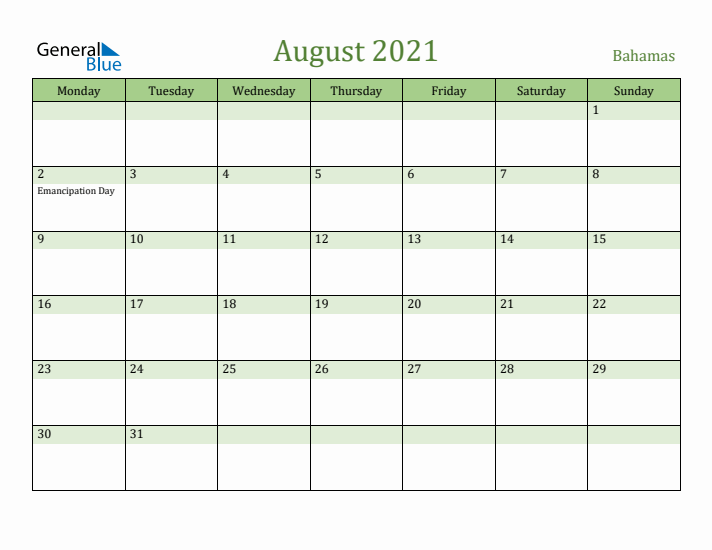August 2021 Calendar with Bahamas Holidays