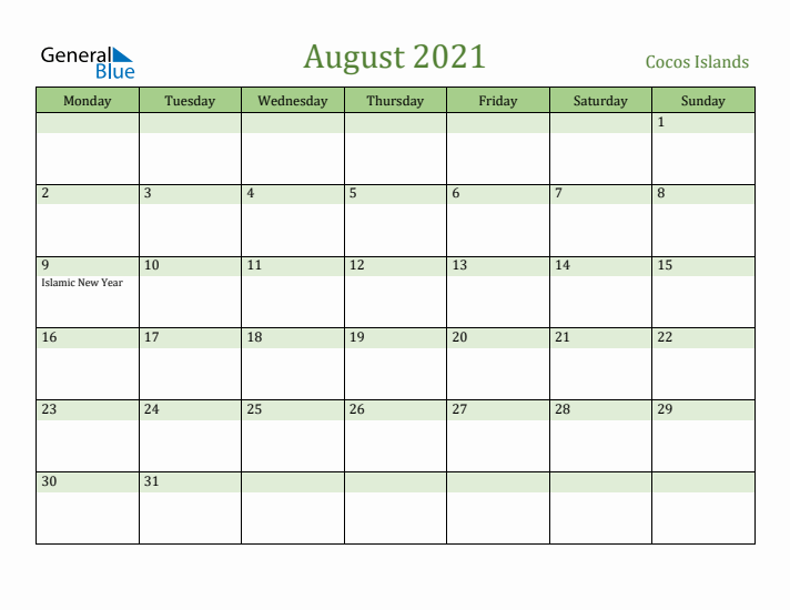 August 2021 Calendar with Cocos Islands Holidays