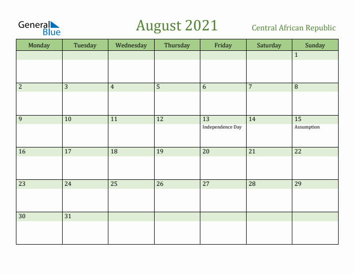 August 2021 Calendar with Central African Republic Holidays