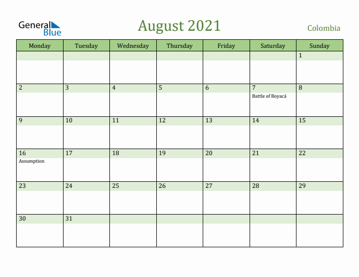 August 2021 Calendar with Colombia Holidays