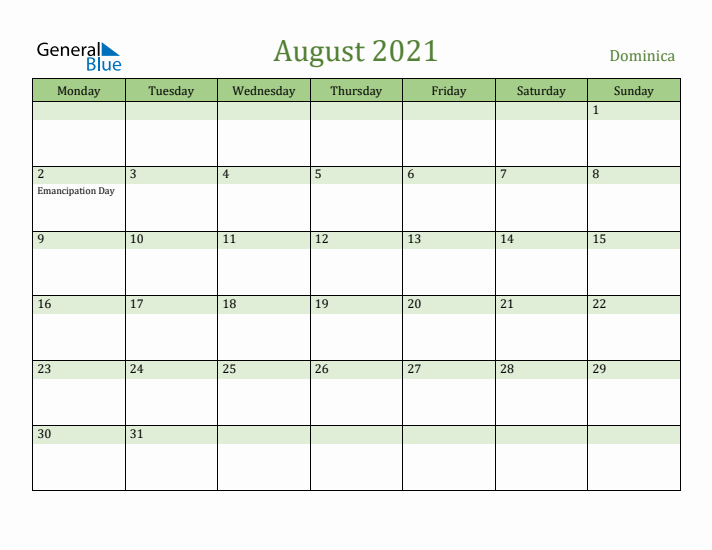 August 2021 Calendar with Dominica Holidays