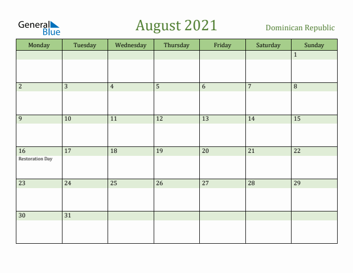 August 2021 Calendar with Dominican Republic Holidays