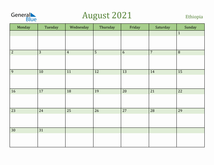 August 2021 Calendar with Ethiopia Holidays