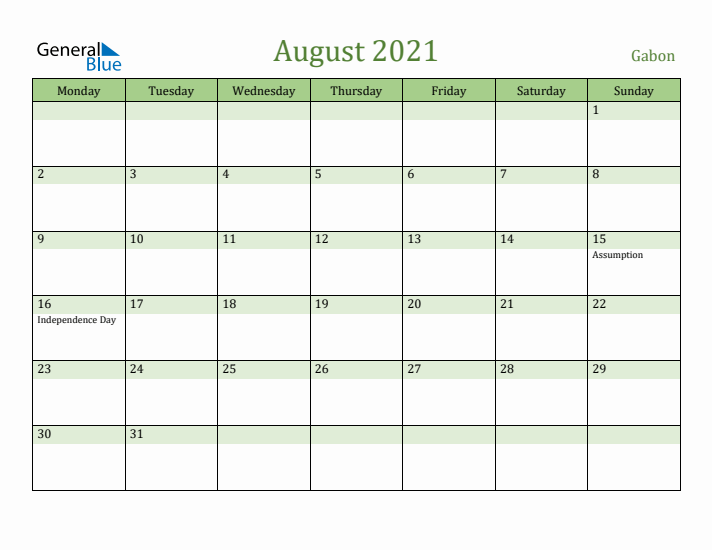 August 2021 Calendar with Gabon Holidays