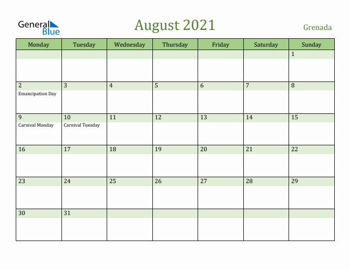 August 2021 Calendar with Grenada Holidays
