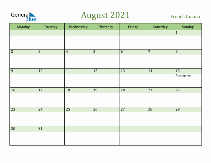August 2021 Calendar with French Guiana Holidays
