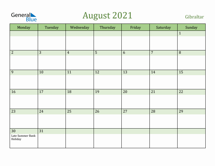 August 2021 Calendar with Gibraltar Holidays