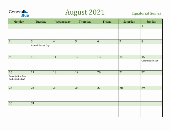 August 2021 Calendar with Equatorial Guinea Holidays