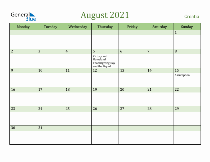 August 2021 Calendar with Croatia Holidays