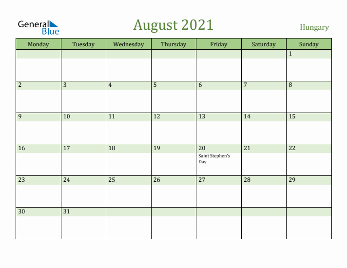 August 2021 Calendar with Hungary Holidays