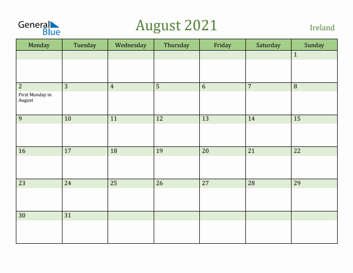 August 2021 Calendar with Ireland Holidays