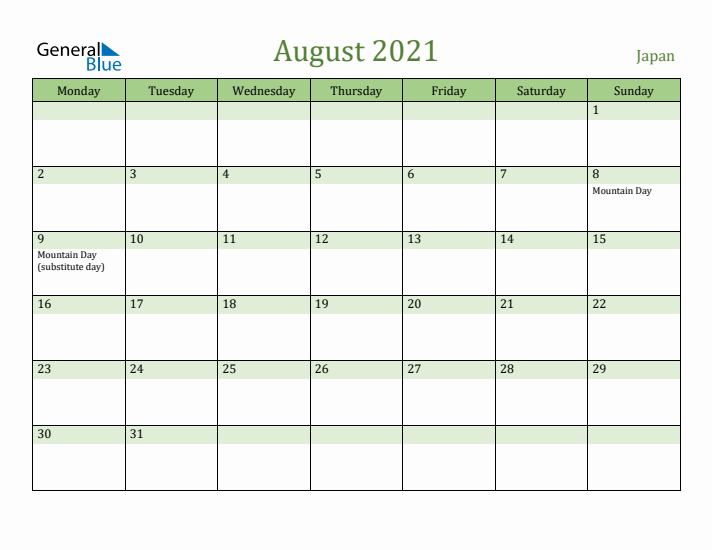 August 2021 Calendar with Japan Holidays